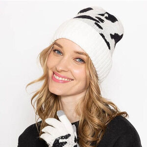 Ivory Black Cow Print Western Knit Beanie Hat